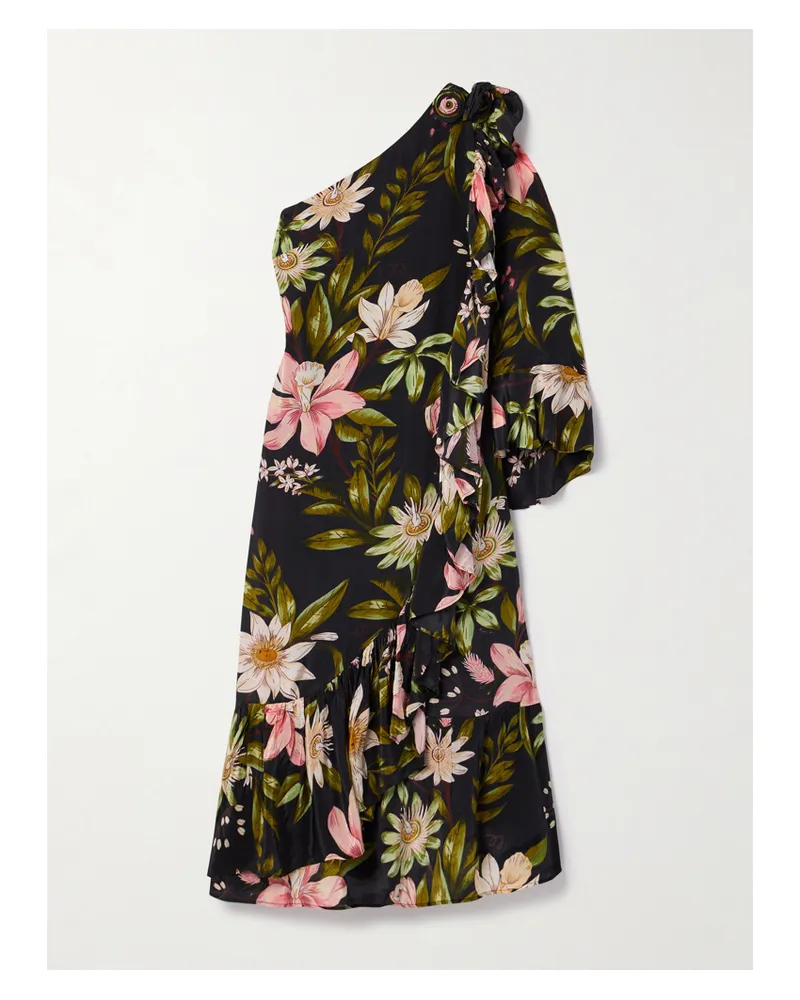 FARM Rio Asymmetrisches Midikleid Aus Crêpe De Chine Mit Blumenprint Und Rüschen - Schwarz Schwarz