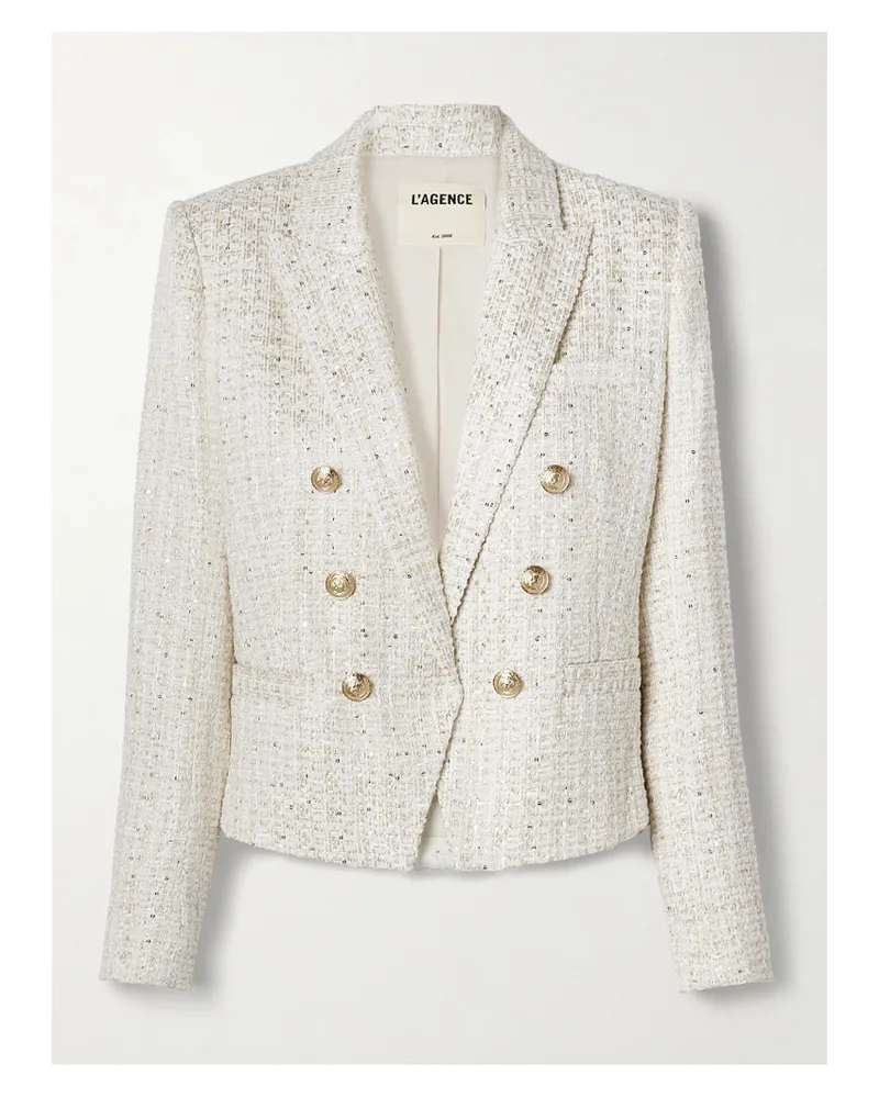 L'Agence Brooke Doppelreihiger Blazer Aus Bouclé-tweed Aus Einer Baumwollmischung In Metallic-optik - Wollweiß Wollweiß