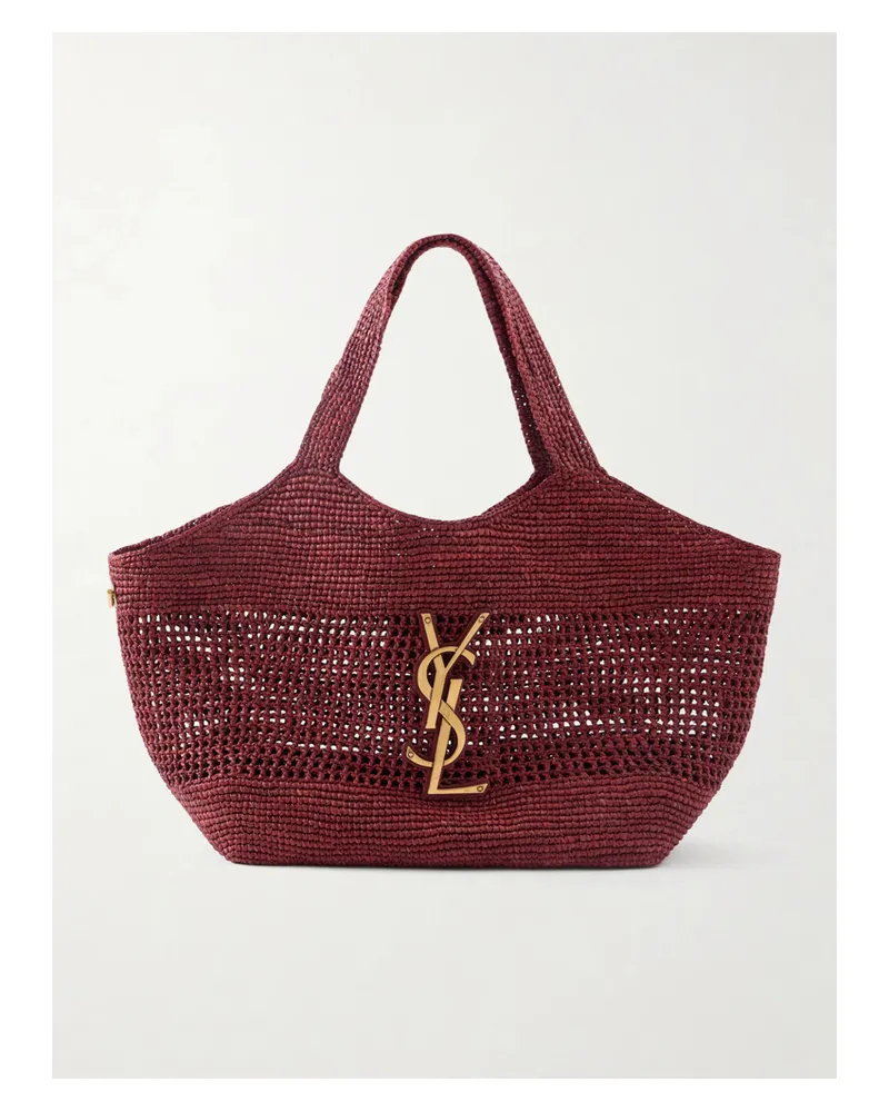 Saint Laurent Icare Maxi Leather-trimmed Raffia Tote - Red Red