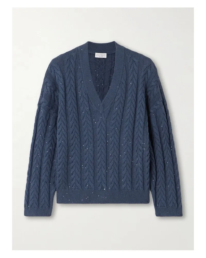 Brunello Cucinelli Pullover Aus Einer Baumwollmischung In Zopfstrick Mit Pailletten - Blau Blau