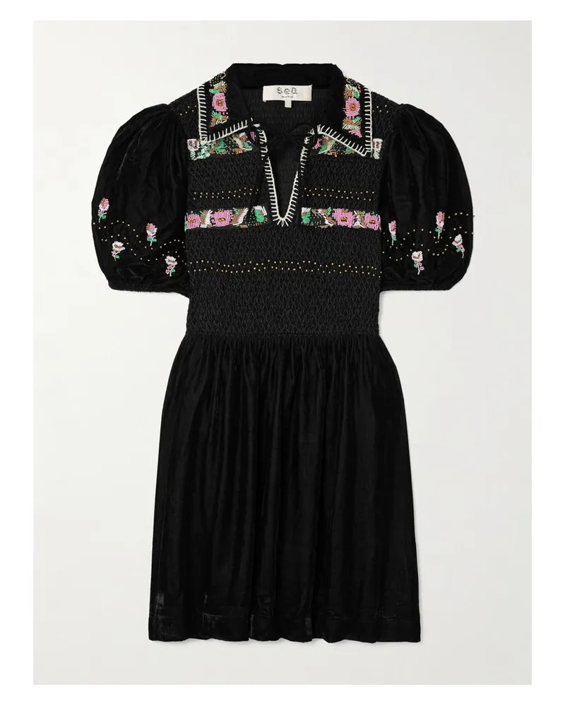 Sea Brynn Minikleid Aus Samt Mit Smokarbeit Und Verzierungen - Schwarz Schwarz