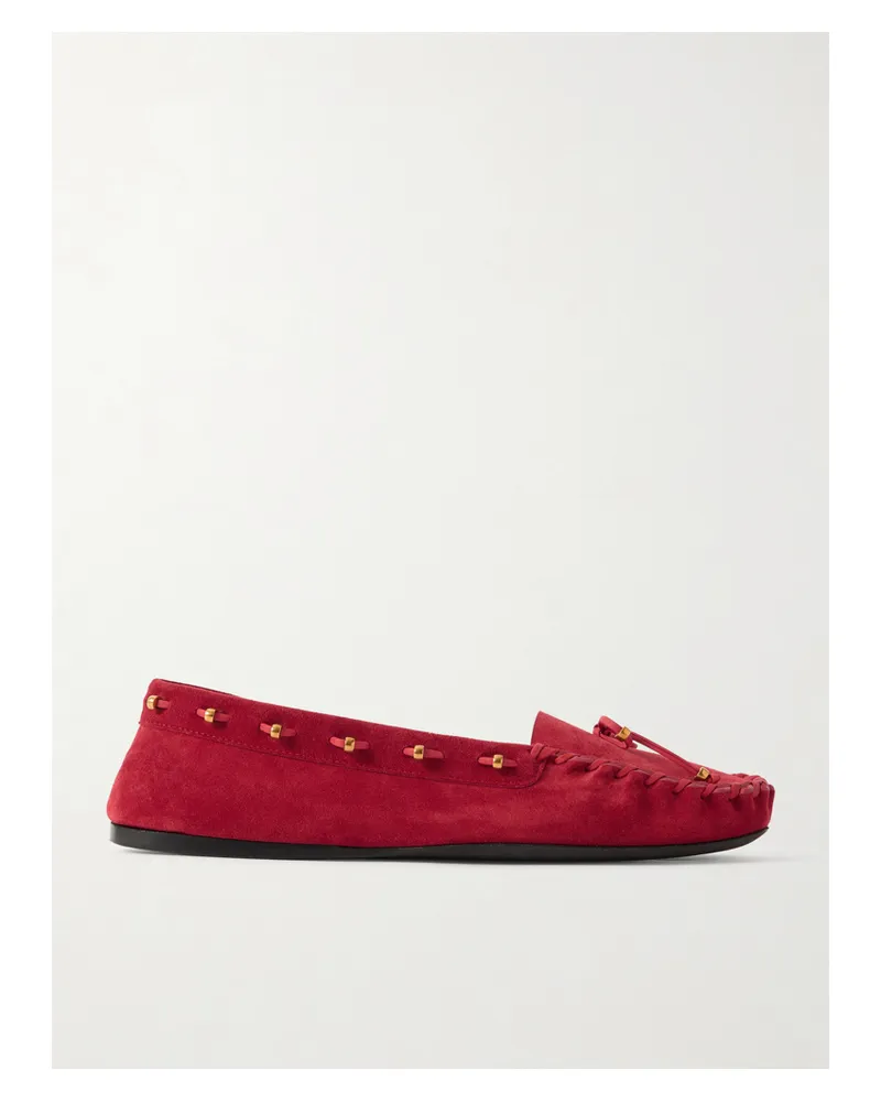 KHAITE Milly Embellished Whipstitched Suede Loafers - Red Red