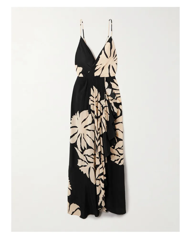 Johanna Ortiz Santa Cruz Maxikleid Aus Seide Mit Blumenprint, Raffung Und Wickeleffekt - Schwarz Schwarz