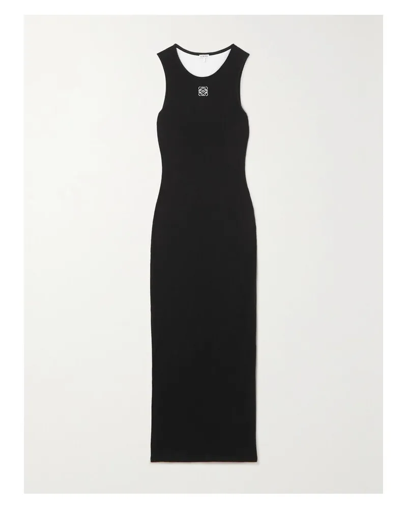 Loewe Anagram Midikleid Aus Geripptem Baumwoll-jersey Mit Stickerei - Schwarz Schwarz