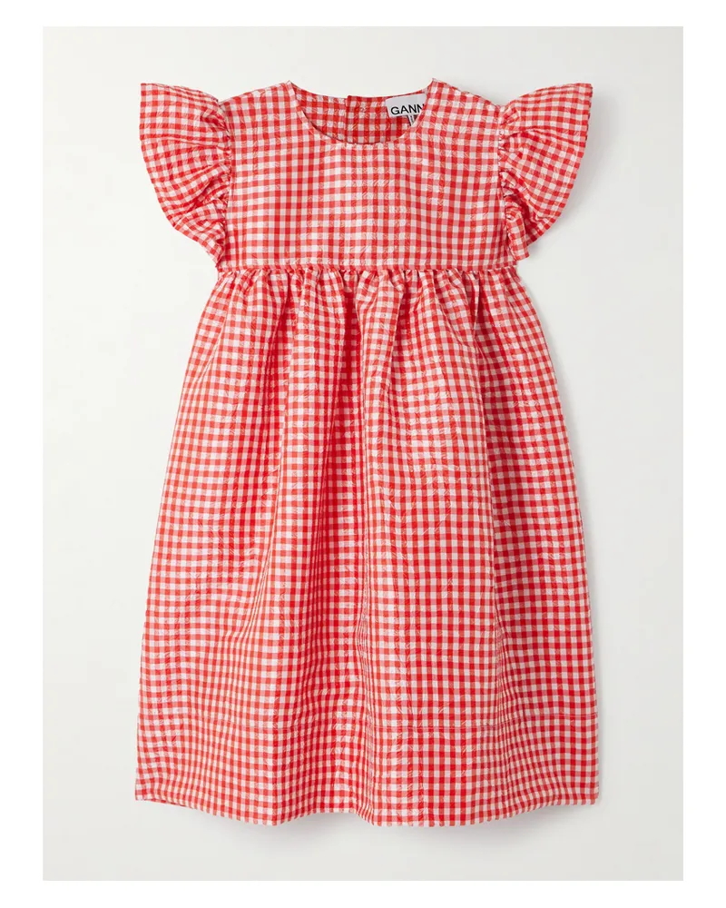 Ganni Minikleid Aus Taft In Knitteroptik Mit Gingham-karo Und Rüschen - Rot Rot