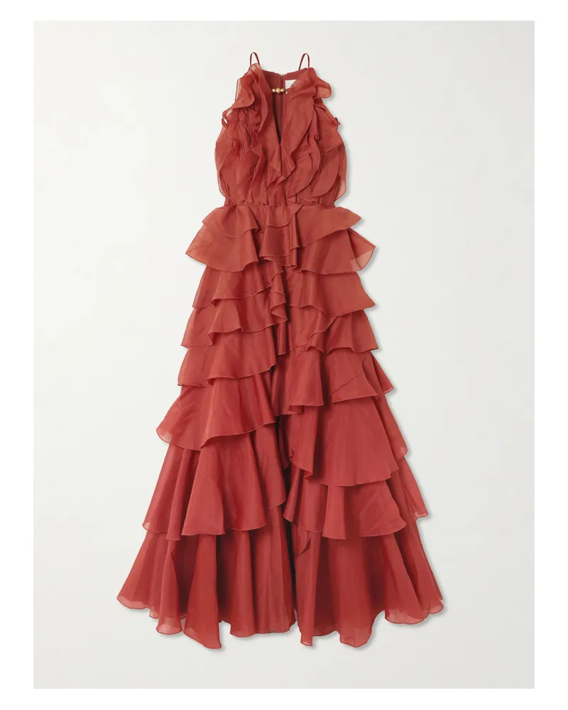 Aje. Cleo Bead-embellished Ruffled Tiered Organza Gown Red