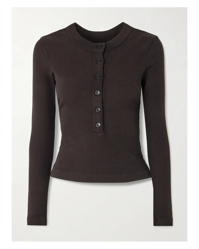 Citizens of humanity Varra Ribbed Stretch Organic Cotton And Lyocell-blend Henley Top - Brown Brown