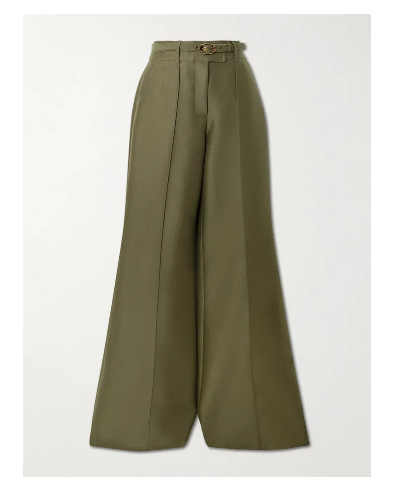 Zimmermann Rebellion Belted Wool And Silk-blend Flared Pants - Green Green