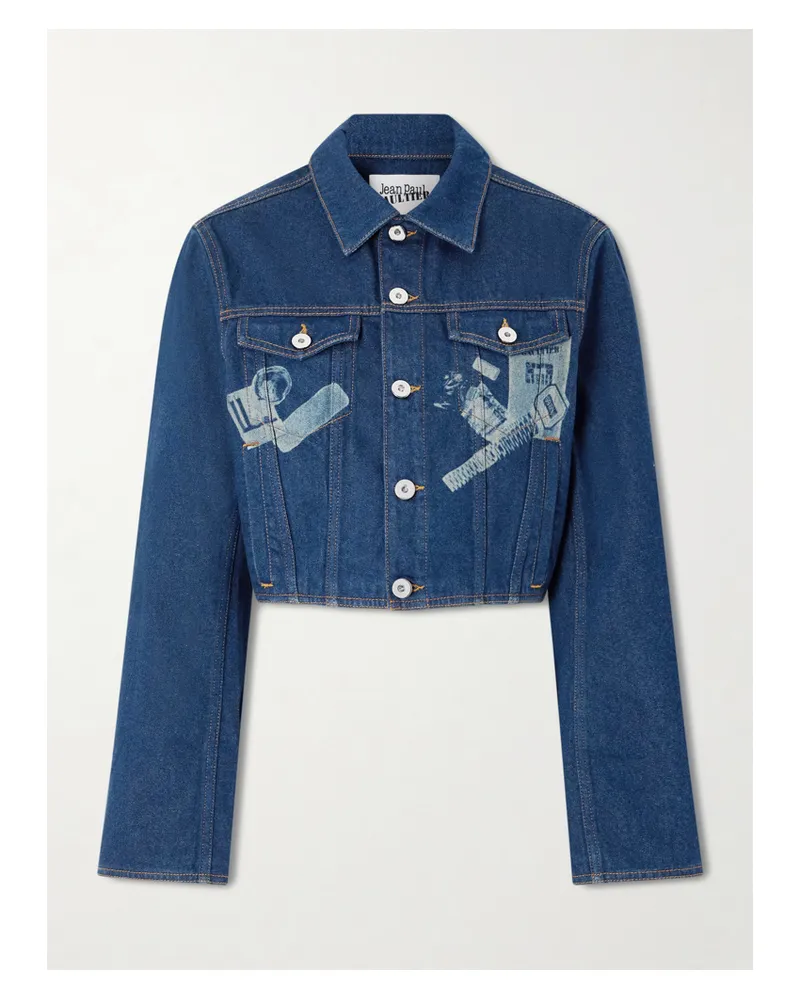 Jean Paul Gaultier Cropped Printed Denim Jacket - Blue Blue