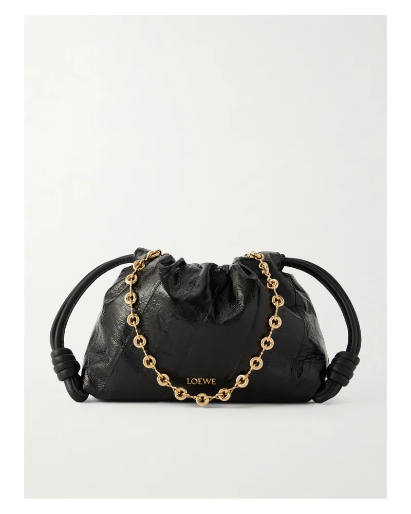 Loewe Flamenco Mini Leather-trimmed Crinkled-eel Clutch - Black Black