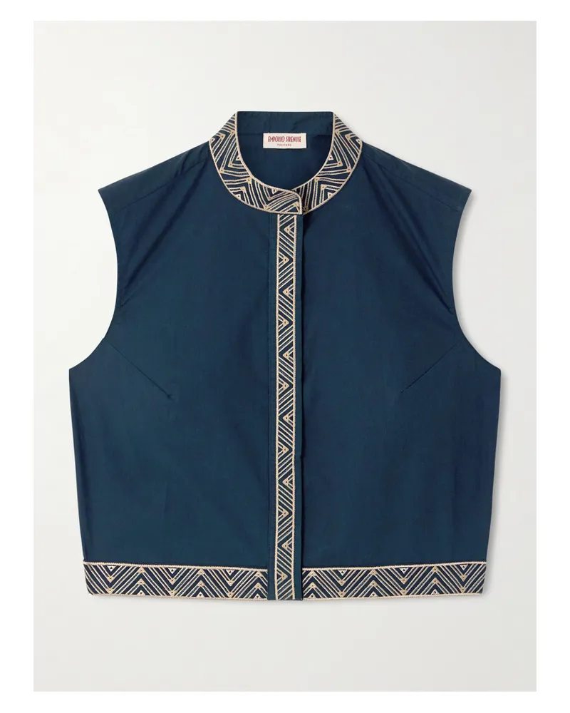 Emporio Sirenuse Andorra Iris Cropped Embroidered Cotton-blend Poplin Top - Blue Blue