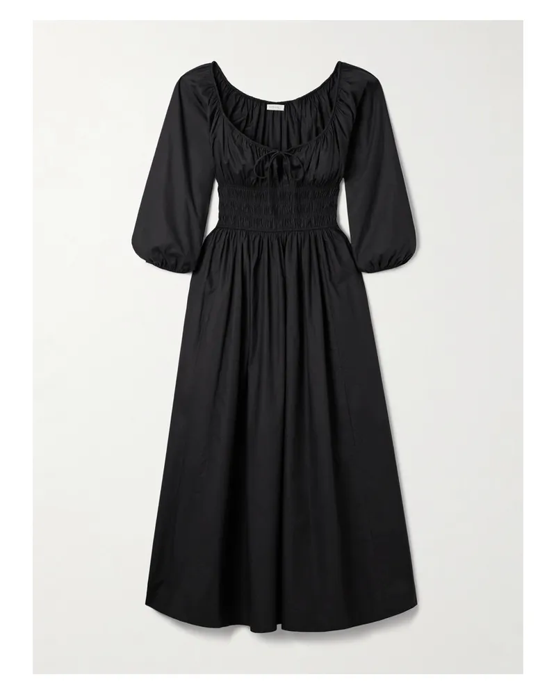 DÔEN Quintessa Tie-detailed Shirred Organic Cotton-poplin Midi Dress - Black Black