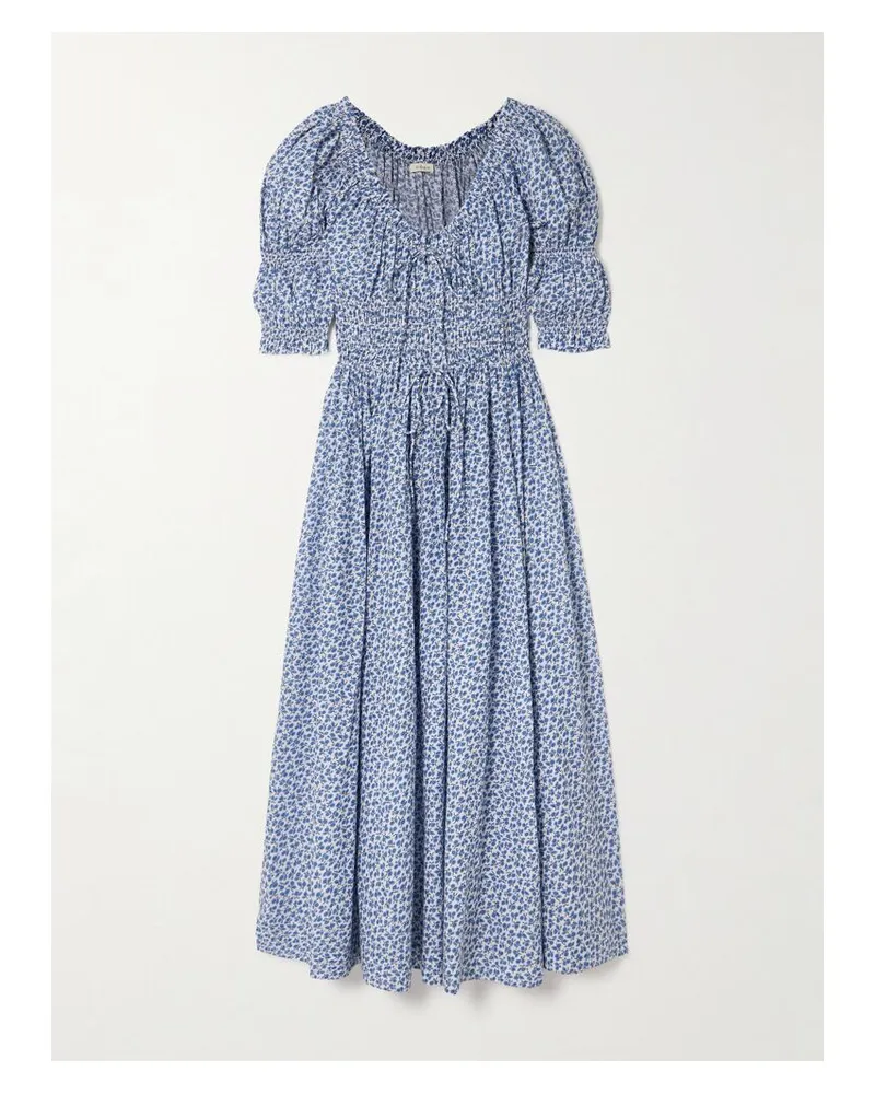 DÔEN Ischia Maxikleid Aus Biobaumwoll-voile Mit Blumenprint Und Raffungen - Blau Blau