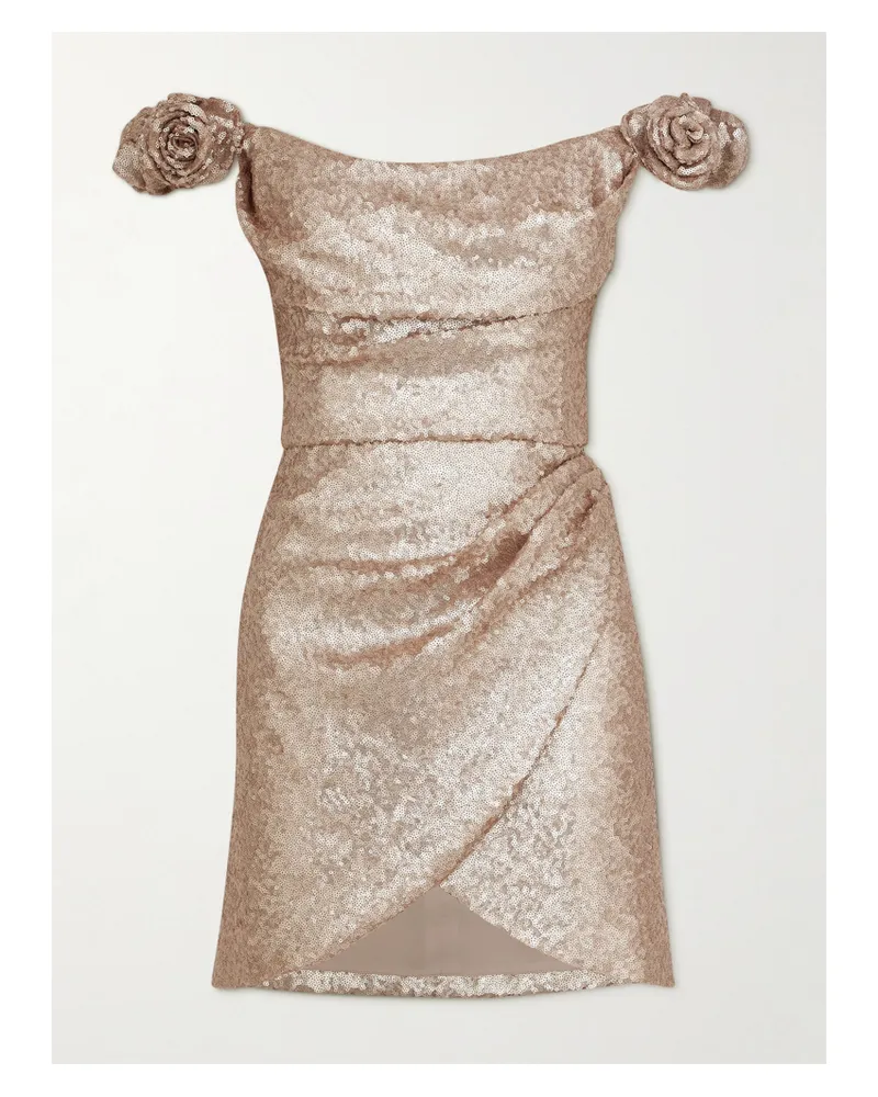 COSTARELLOS Schulterfreies Minikleid Aus Crêpe Mit Pailletten, Applikationen Und Raffungen - Gold Gold