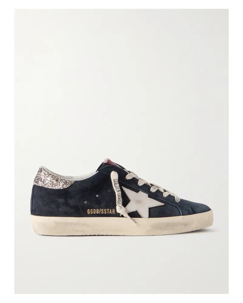 Golden Goose Super-star Sneakers Aus Veloursleder Mit Lederbesätzen Mit Glitter-finish In Distressed-optik - Blau Blau