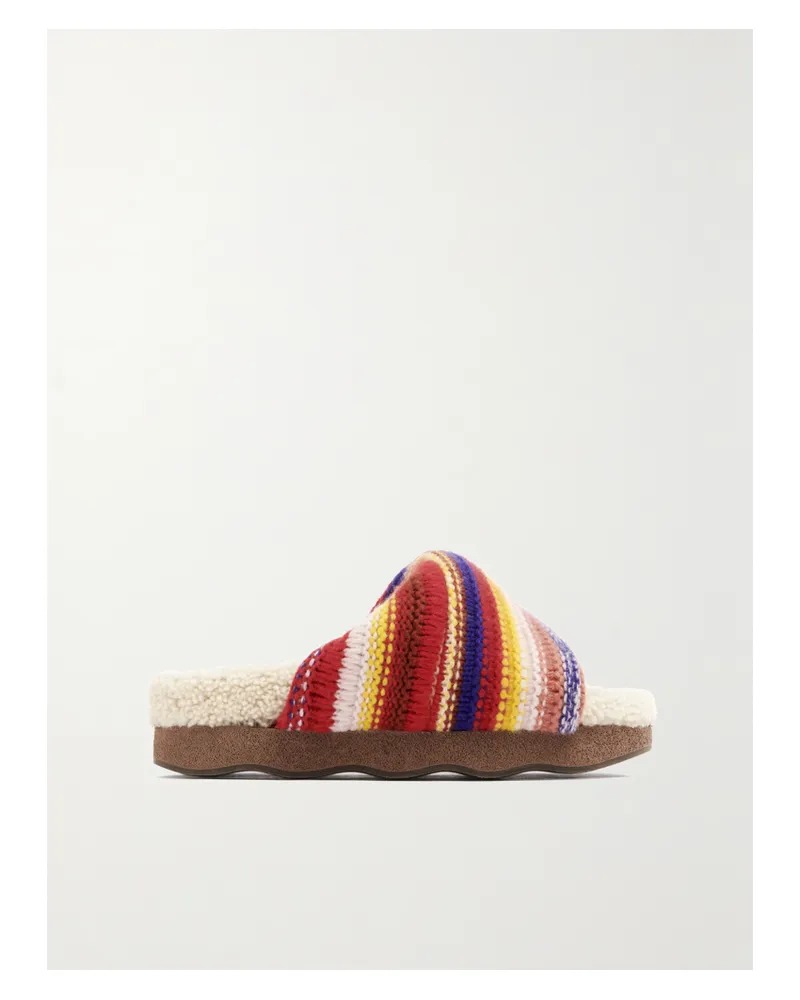 Chloé Net Sustain Wavy Pantoletten Aus Einer Gestreiften Kaschmirmischung Mit Recycelten Fasern Und Shearling - Rot Rot