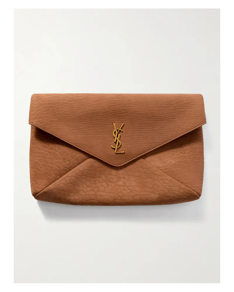 Saint Laurent Cassandre Large Textured-nubuck Clutch - Neutrals Neutrals