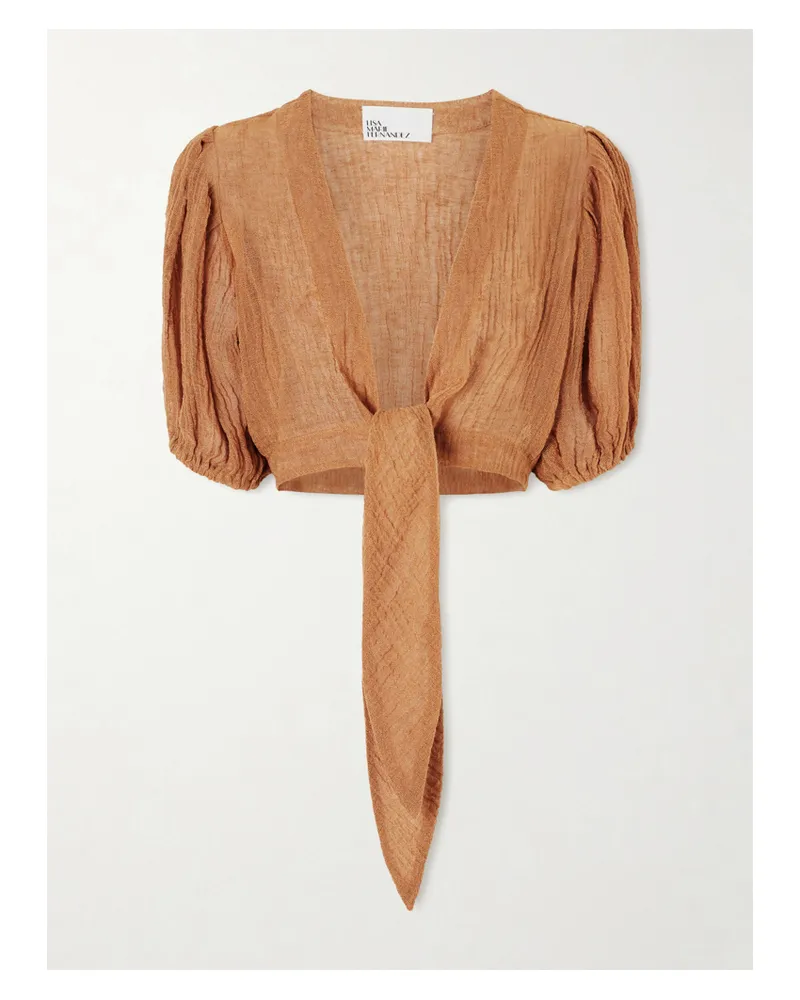 Lisa Marie Fernandez Pouf Cropped Linen-blend Gauze Wrap Top - Brown Brown