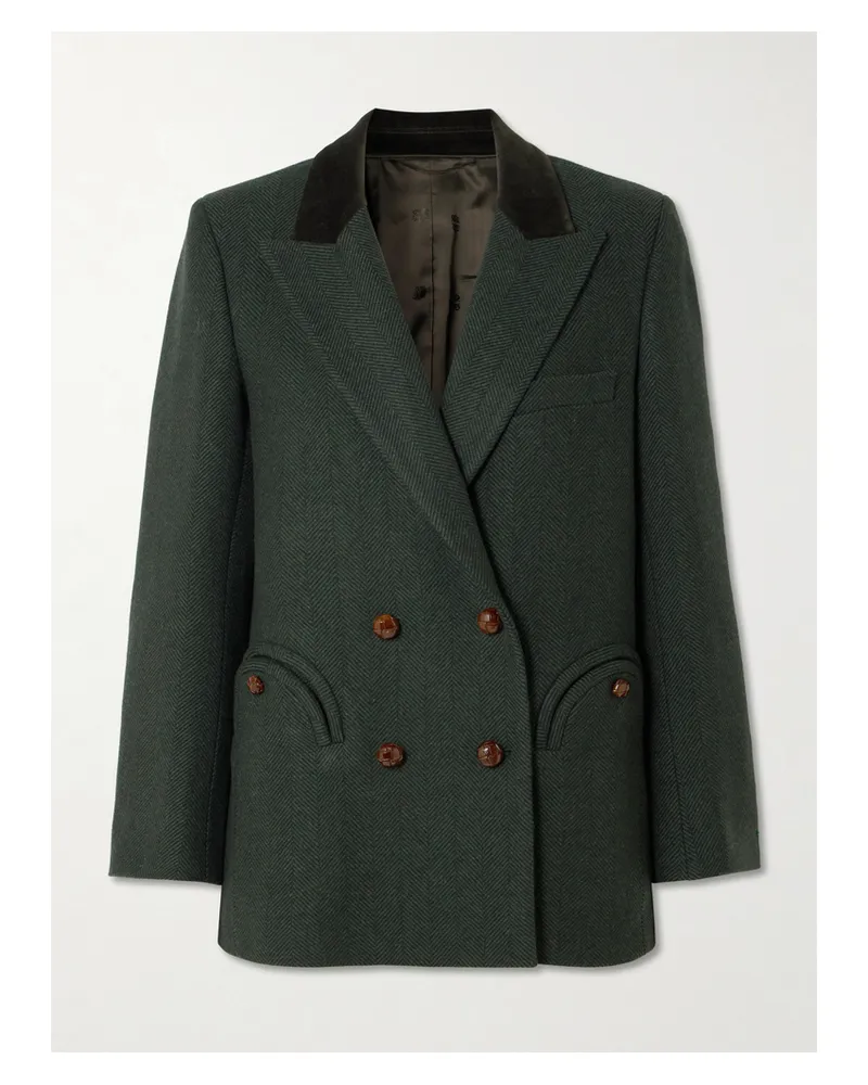 Blazé Milano Everynight Blazer Aus Einer Wollmischung Mit Fischgratmuster Und Samtbesatz - Grün Grün