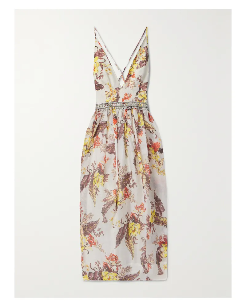 Zimmermann Matchmaker Midikleid Aus Einer Leinen-seidenmischung Mit Blumenprint Und Verzierungen - Elfenbein Elfenbein
