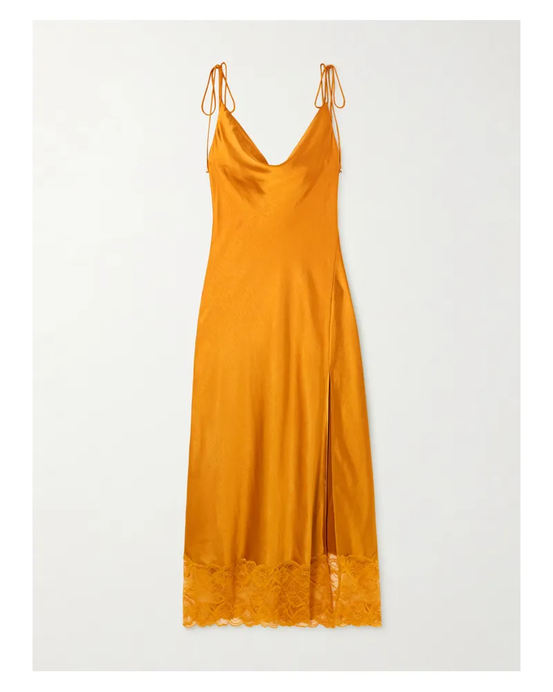 Self-Portrait Midikleid Aus Satin Mit Spitzenbesatz - Orange Orange