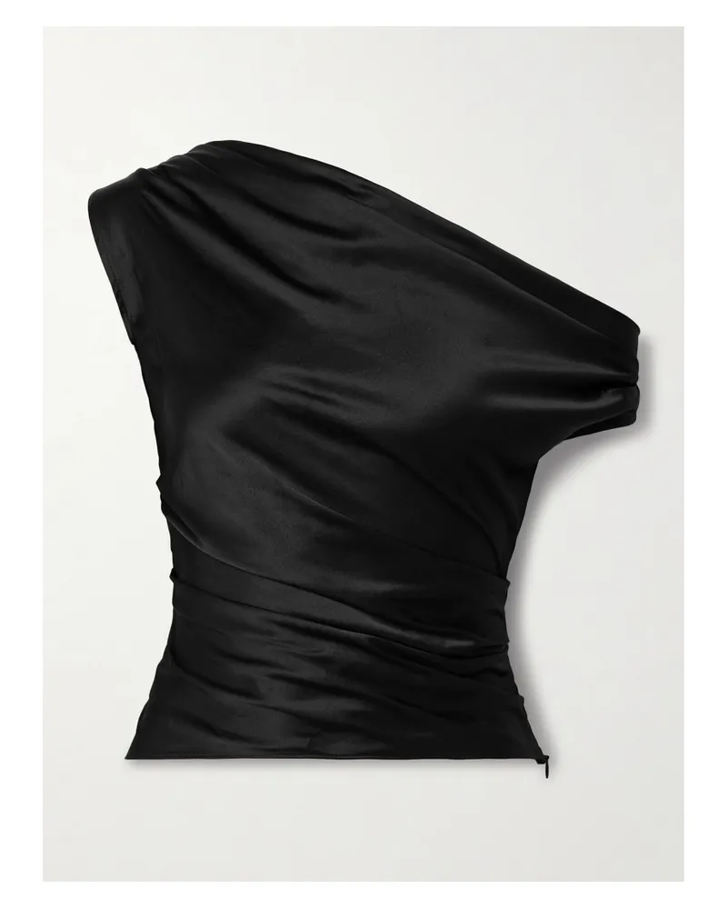 STAUD Phare One-shoulder Draped Silk-blend Satin Top - Black Black