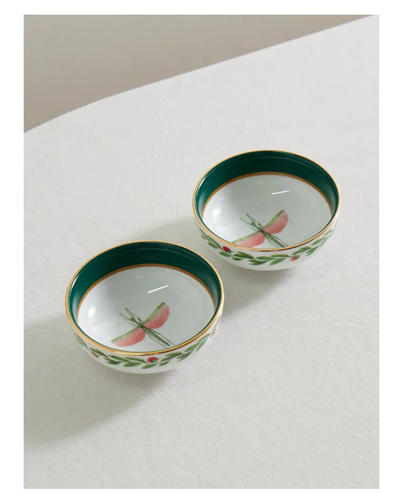 La DoubleJ Set Of Two Gold-plated Porcelain Snack Bowls - Green Green