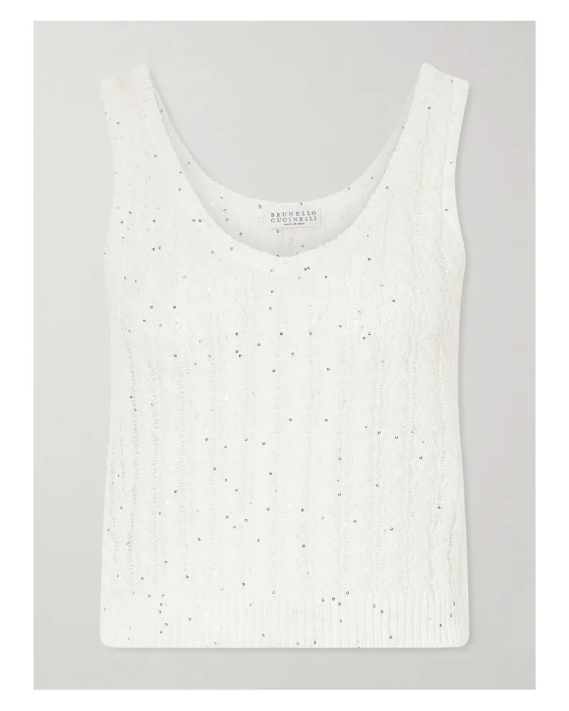 Brunello Cucinelli Sequin-embellished Open-knit Linen-blend Tank - White White