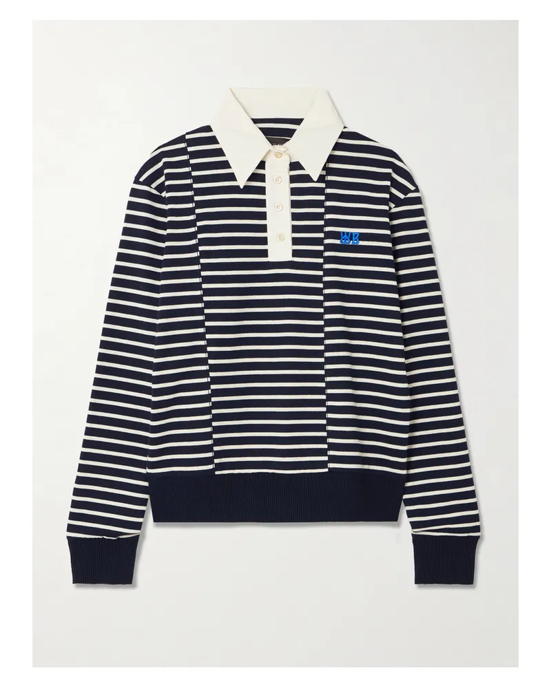Wales Bonner Reflect Embroidered Stretch Cotton Poplin-trimmed Striped Cotton-jersey Polo Shirt - Blue Blue