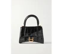 Hourglass Mini Croc-effect Leather Tote - Black