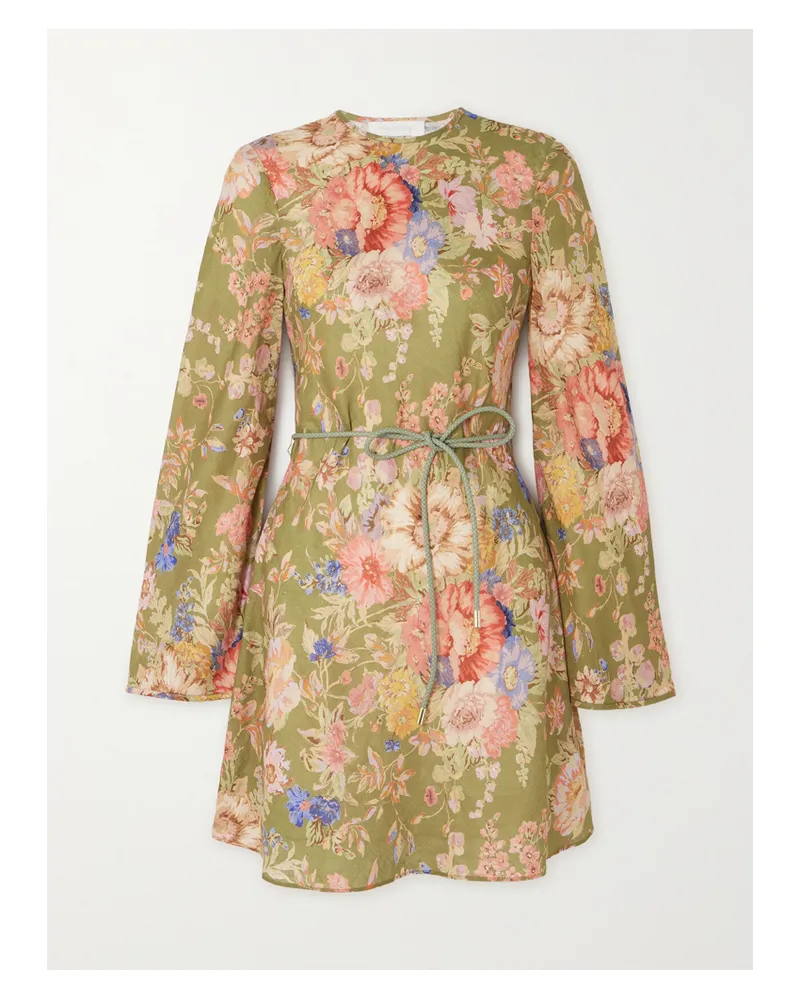 Zimmermann Net Sustain August Minikleid Aus Leinen Mit Blumenprint Und Bindegürtel - Grün Grün