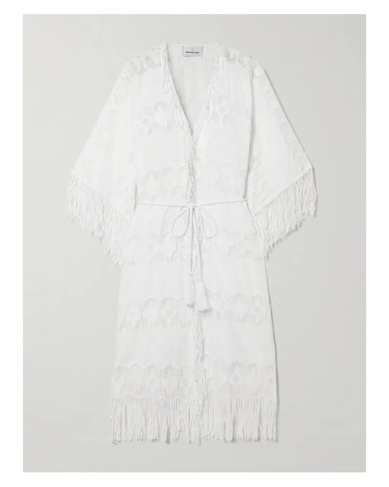 Miguelina Naida Strandkleid Aus Besticktem Baumwoll-voile Und Spitze Mit Bindegürtel Und Fransen - Weiß Weiß