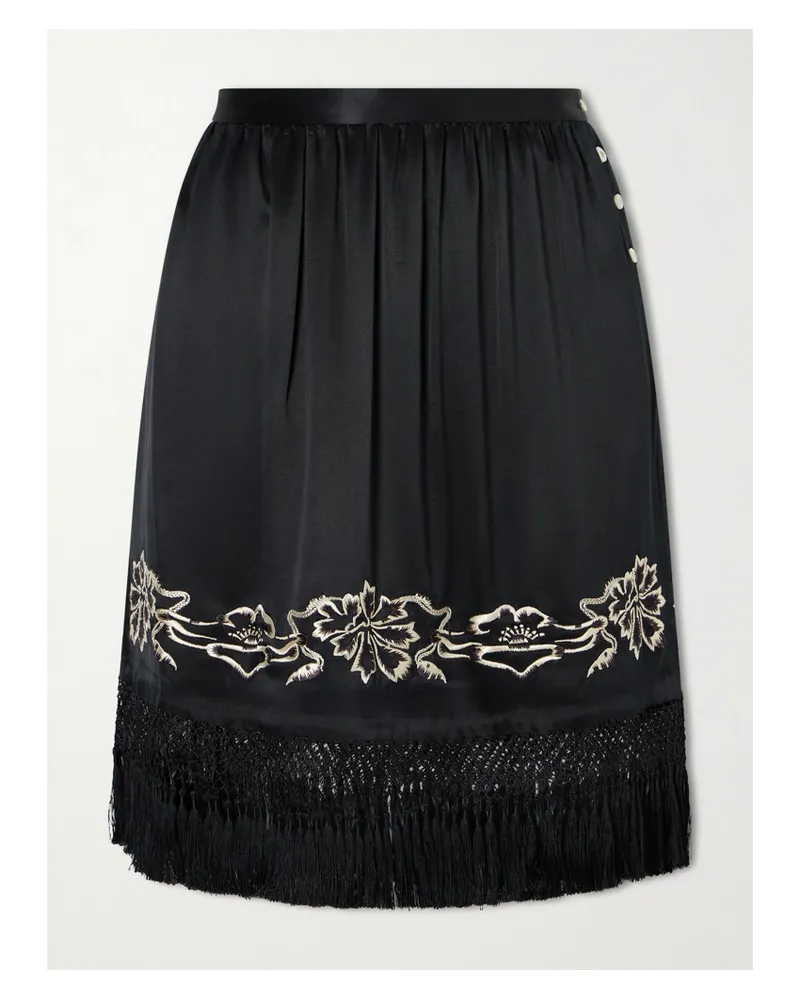 BODE Phantasm Fringed Embroidered Silk-satin Mini Skirt - Black Black