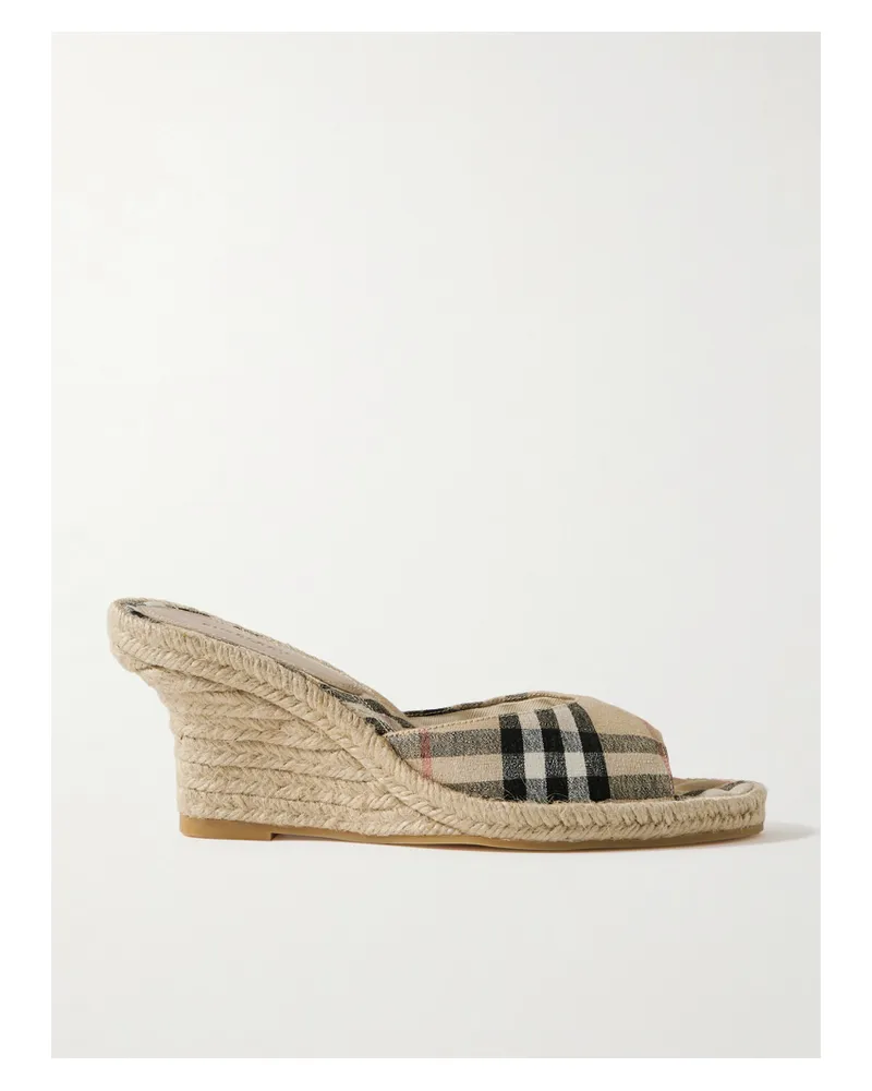Burberry Checked Canvas-jacquard Espadrille Wedge Mules - Neutrals Neutrals