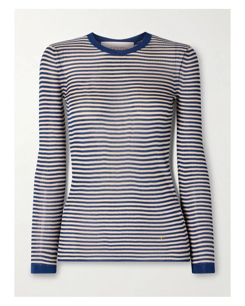 Valentino Garavani Gestreifter Pullover Aus Seide In Rippstrick - Blau Blau