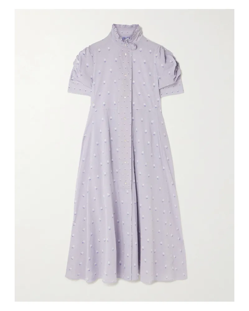 Thierry Colson Venetia Ruffled Gathered Floral-print Cotton-voile Midi Dress - Blue Blue