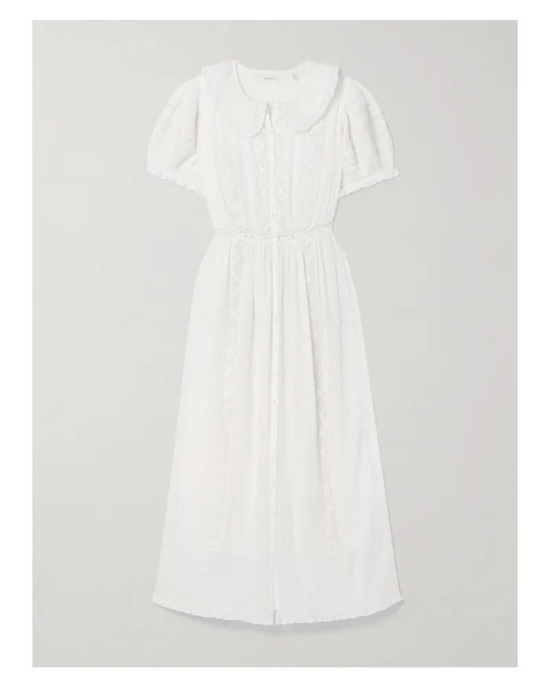 DÔEN Phoebe Lace-trimmed Pintucked Organic Cotton-voile Midi Shirt Dress - White White