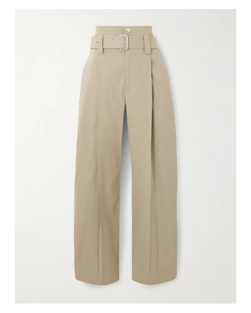 Bottega Veneta Belted Pleated Cotton-blend Straight-leg Pants - Neutrals Neutrals