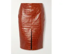 Croc-effect Leather Skirt - Brown
