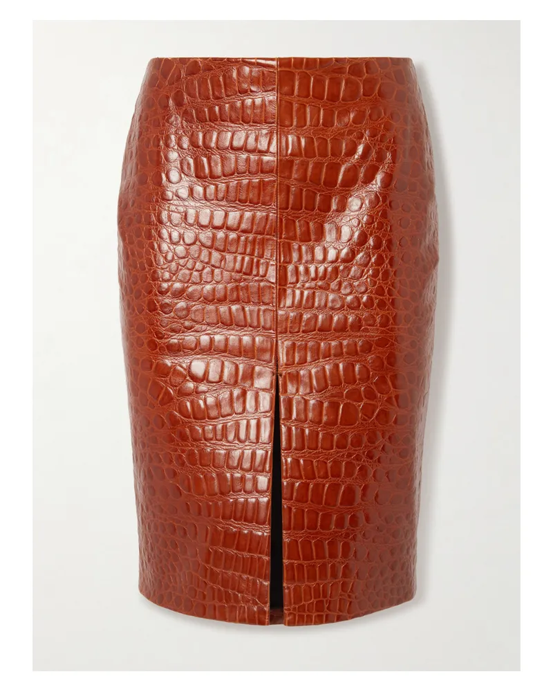 Saint Laurent Croc-effect Leather Skirt - Brown Brown