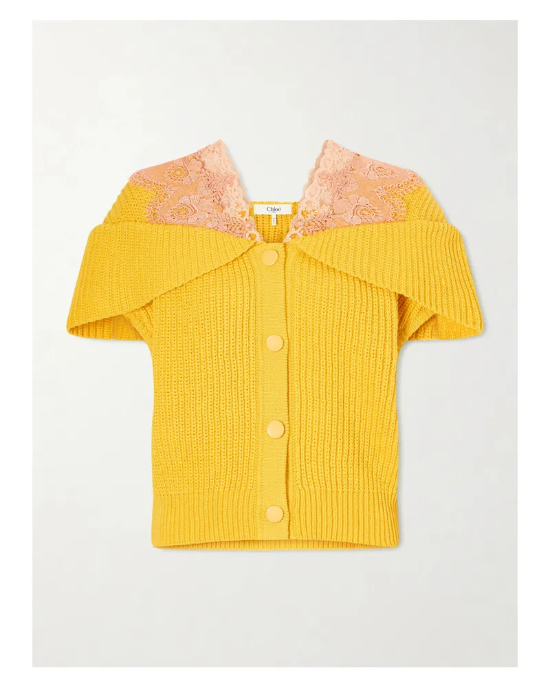 Chloé Lace-trimmed Ribbed-knit Cotton Cardigan - Yellow Yellow