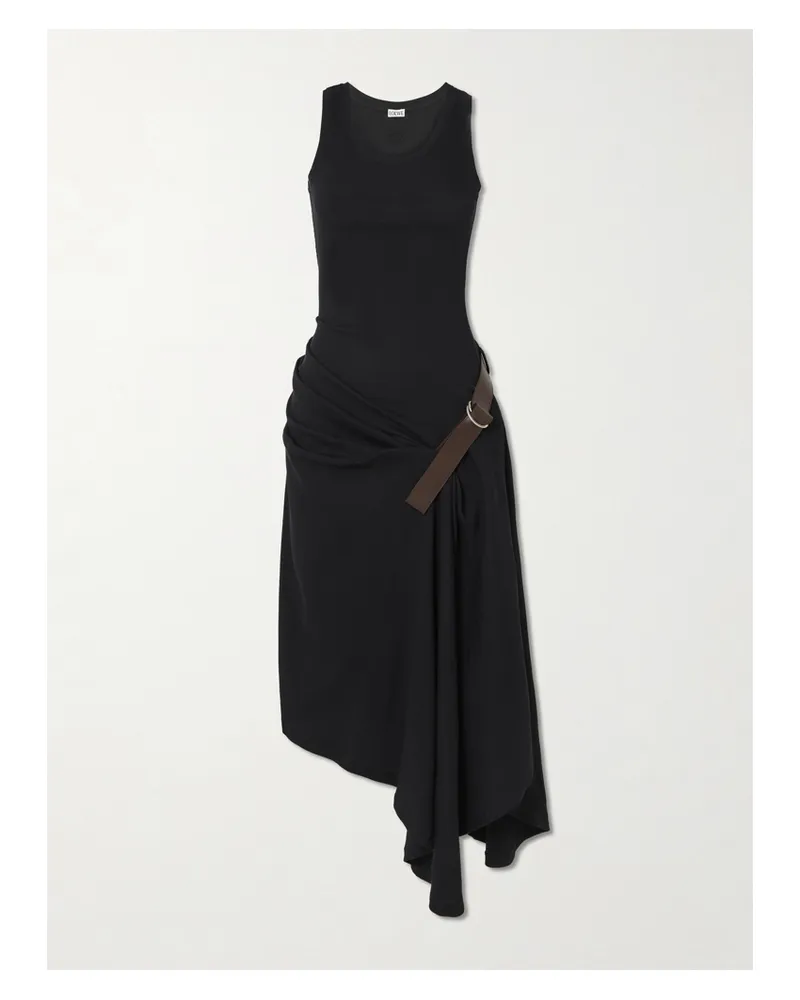 Loewe Asymmetric Belted Draped Gathered Leather-trimmed Cotton-blend Jersey Dress - Black Black