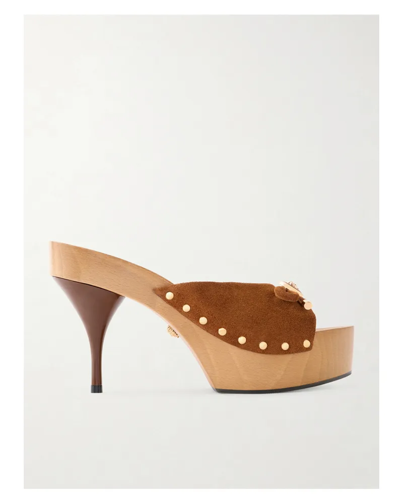 Versace Opera Bow Embellished Suede Clogs - Brown Brown