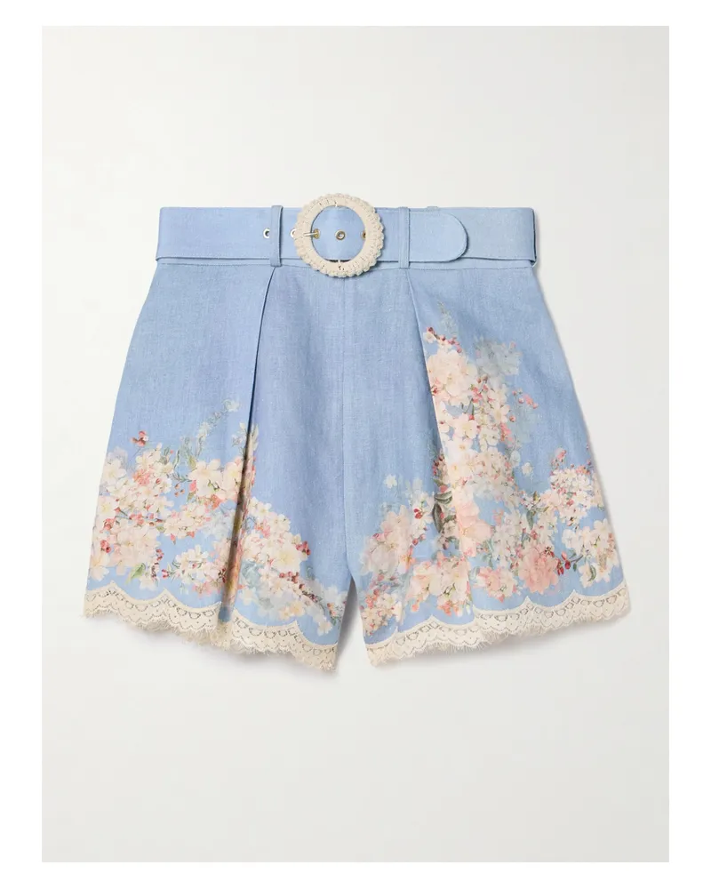 Zimmermann Cascadian Shorts Aus Leinen Mit Blumenprint, Spitzenbesätzen, Falten Und Gürtel - Blau Blau