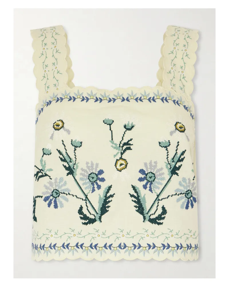 Sea Audra Scalloped Embroidered Cotton And Linen-blend Top - Yellow Yellow