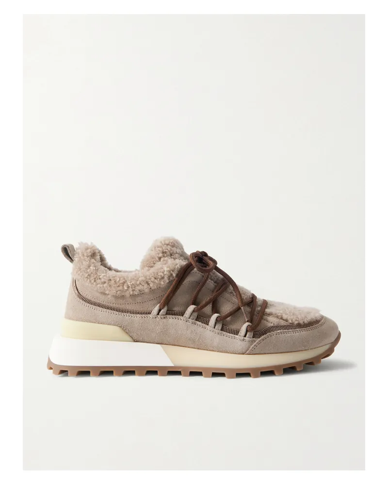 Brunello Cucinelli Bead-embellished Rubber-trimmed Shearling Sneakers - Gray Gray
