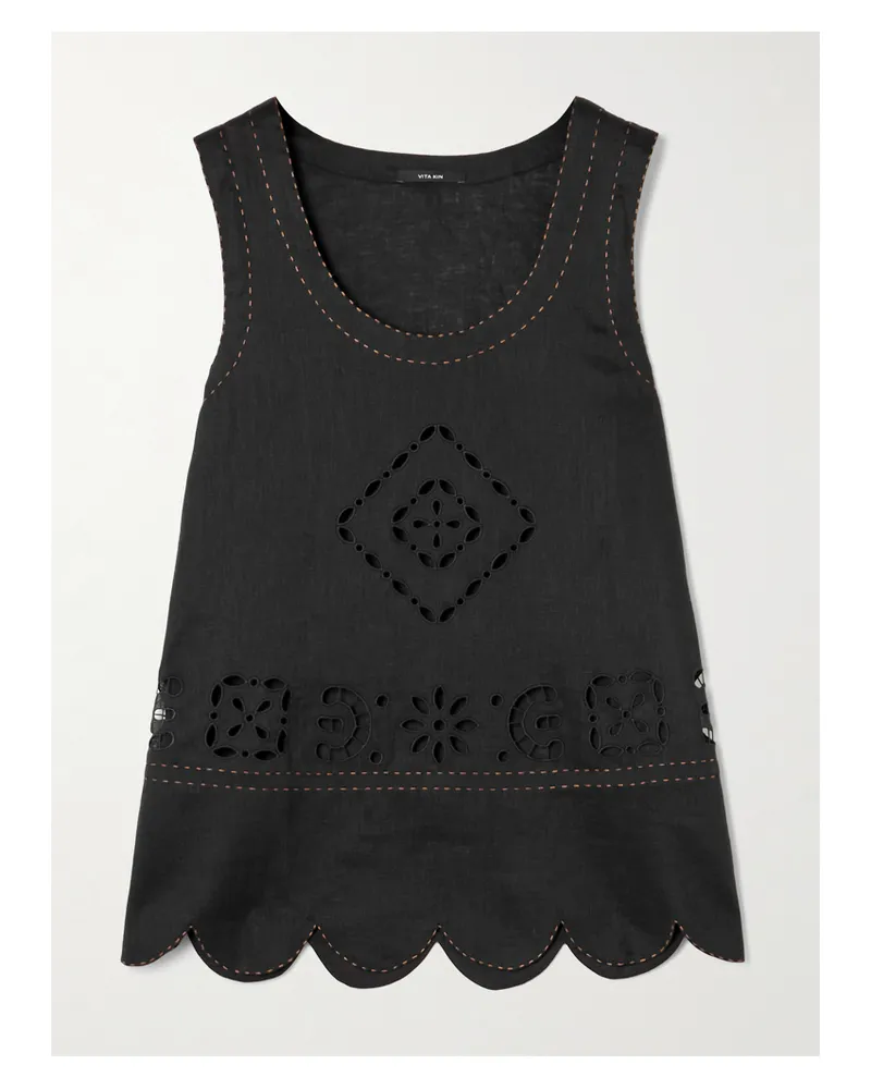 VITA KIN Orlando Scalloped Broderie Anglaise Linen Tank - Black Black