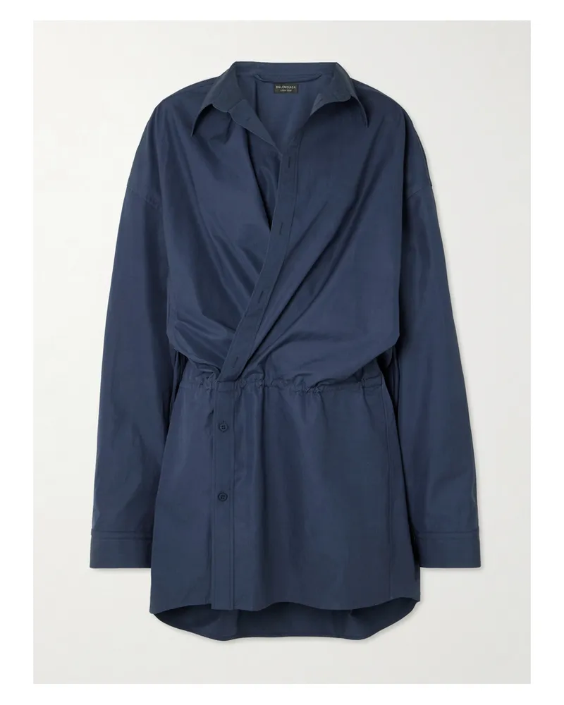 Balenciaga Asymmetric Gathered Cotton-poplin Mini Shirt Dress - Blue Blue