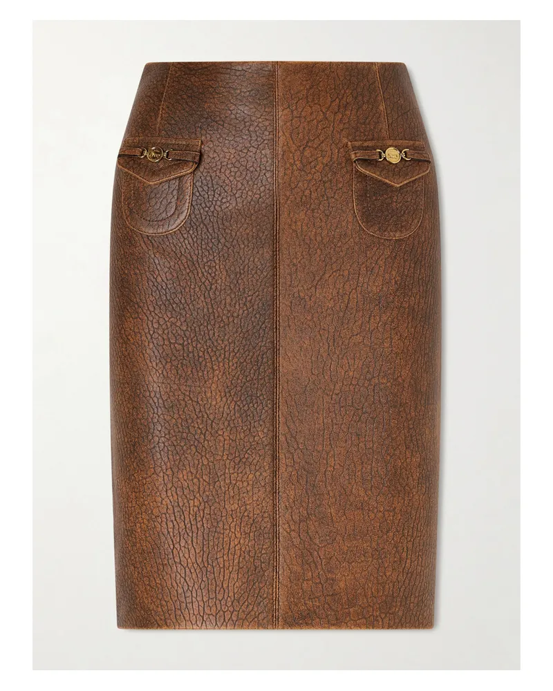 Chloé Horsebit-embellished Textured-leather Midi Skirt - Brown Brown