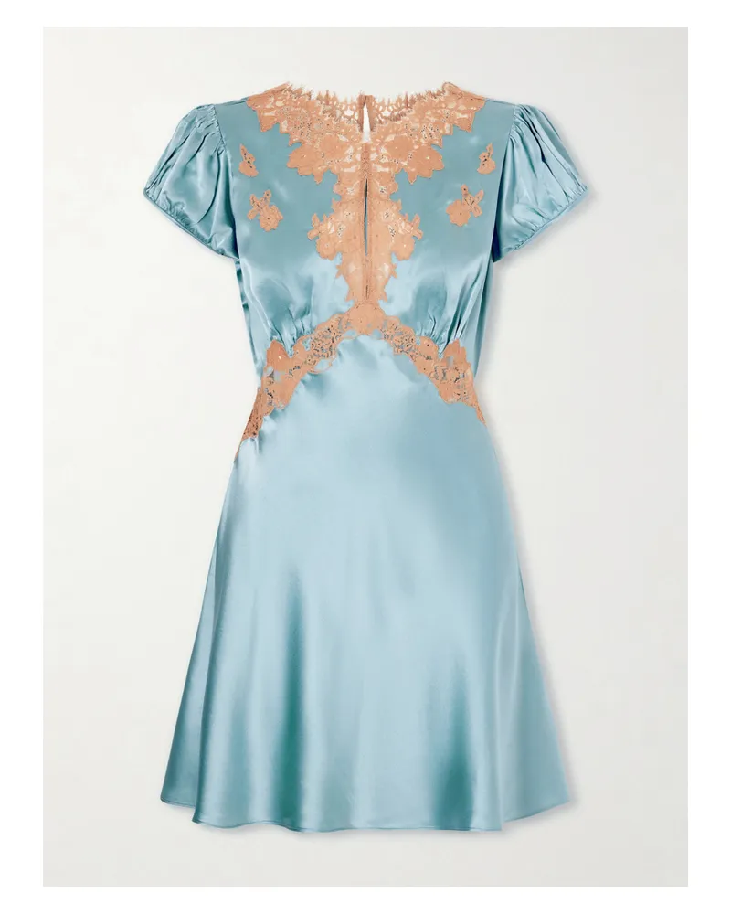 DÔEN Junia Lace-trimmed Silk-satin Mini Dress - Blue Blue